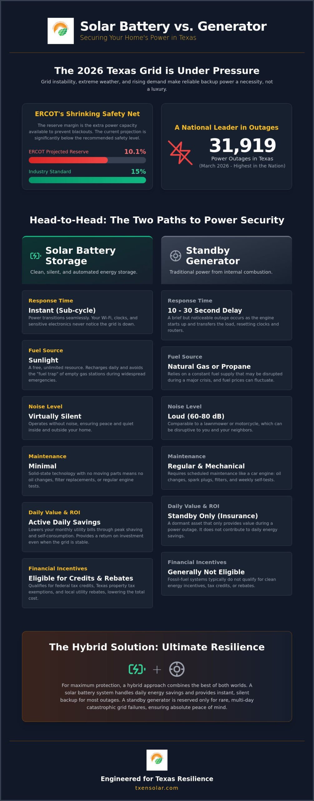 Solar Battery vs. Generator for Texas Power Outages: The 2026 Resilience Guide